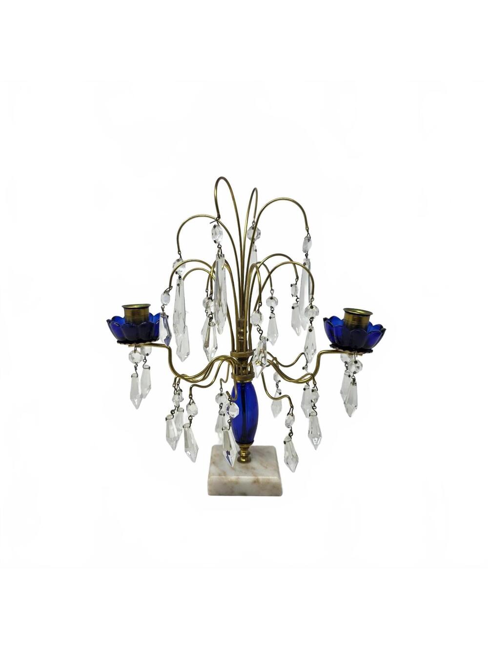 Vintage Blue Glass Brass Candelabra Crystal Prisms Marble Base Candle Holder